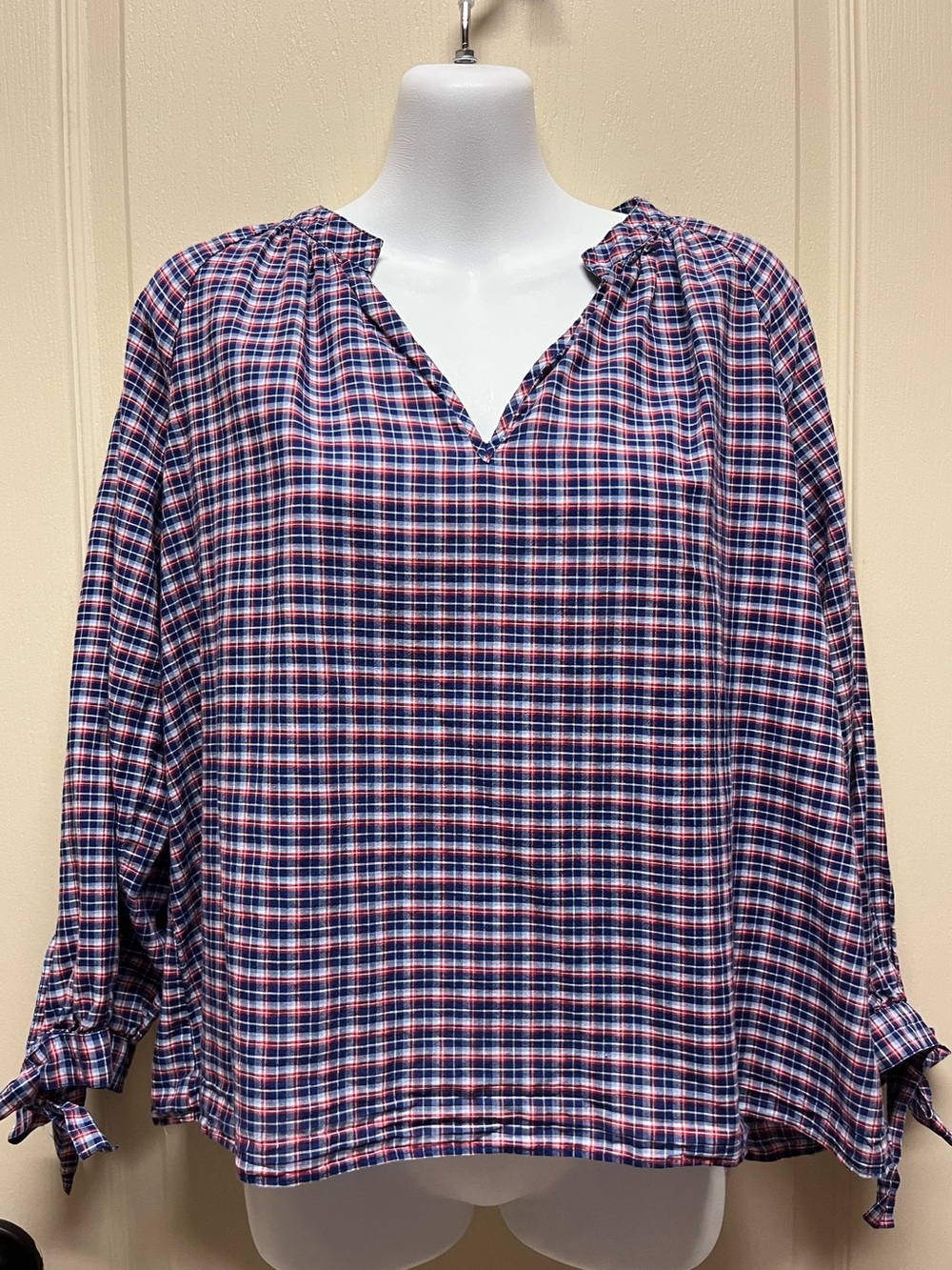 Madewell Navy, Red & White Plaid Peasant Long Sleeve Tie Blouse Cotton Linen M